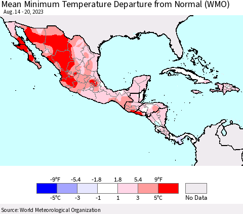 Mexico Central America and the Caribbean Mean Minimum Temperature Departure from Normal (WMO) Thematic Map For 8/14/2023 - 8/20/2023