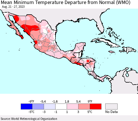Mexico Central America and the Caribbean Mean Minimum Temperature Departure from Normal (WMO) Thematic Map For 8/21/2023 - 8/27/2023
