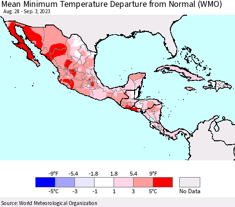Mexico Central America and the Caribbean Mean Minimum Temperature Departure from Normal (WMO) Thematic Map For 8/28/2023 - 9/3/2023
