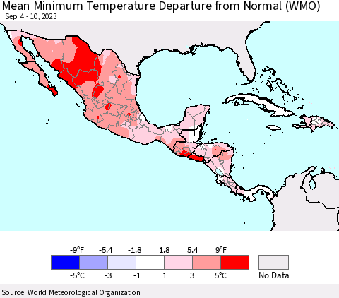 Mexico Central America and the Caribbean Mean Minimum Temperature Departure from Normal (WMO) Thematic Map For 9/4/2023 - 9/10/2023