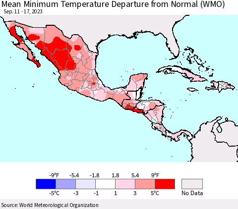 Mexico Central America and the Caribbean Mean Minimum Temperature Departure from Normal (WMO) Thematic Map For 9/11/2023 - 9/17/2023