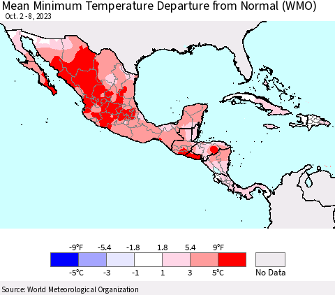 Mexico Central America and the Caribbean Mean Minimum Temperature Departure from Normal (WMO) Thematic Map For 10/2/2023 - 10/8/2023