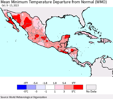 Mexico Central America and the Caribbean Mean Minimum Temperature Departure from Normal (WMO) Thematic Map For 10/9/2023 - 10/15/2023