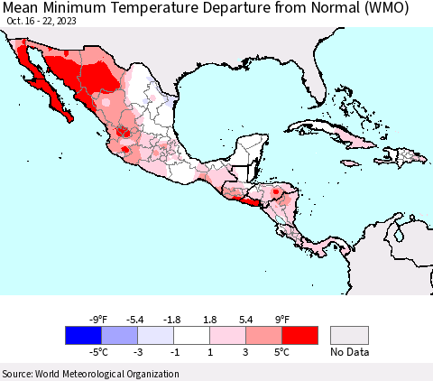 Mexico Central America and the Caribbean Mean Minimum Temperature Departure from Normal (WMO) Thematic Map For 10/16/2023 - 10/22/2023