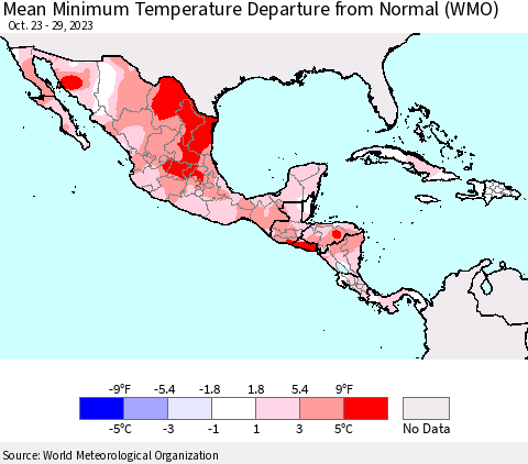 Mexico Central America and the Caribbean Mean Minimum Temperature Departure from Normal (WMO) Thematic Map For 10/23/2023 - 10/29/2023