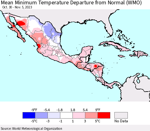 Mexico Central America and the Caribbean Mean Minimum Temperature Departure from Normal (WMO) Thematic Map For 10/30/2023 - 11/5/2023