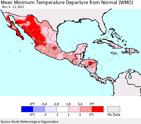 Mexico Central America and the Caribbean Mean Minimum Temperature Departure from Normal (WMO) Thematic Map For 11/6/2023 - 11/12/2023