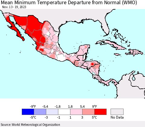 Mexico Central America and the Caribbean Mean Minimum Temperature Departure from Normal (WMO) Thematic Map For 11/13/2023 - 11/19/2023