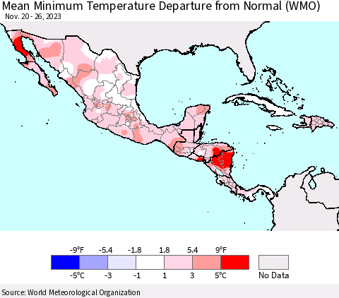 Mexico Central America and the Caribbean Mean Minimum Temperature Departure from Normal (WMO) Thematic Map For 11/20/2023 - 11/26/2023