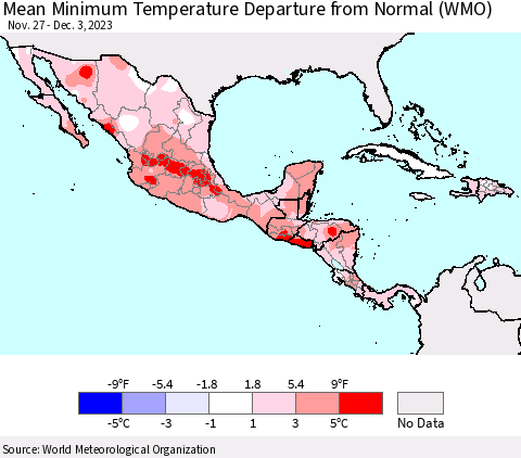 Mexico Central America and the Caribbean Mean Minimum Temperature Departure from Normal (WMO) Thematic Map For 11/27/2023 - 12/3/2023