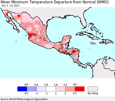 Mexico Central America and the Caribbean Mean Minimum Temperature Departure from Normal (WMO) Thematic Map For 12/4/2023 - 12/10/2023