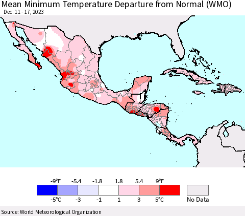 Mexico Central America and the Caribbean Mean Minimum Temperature Departure from Normal (WMO) Thematic Map For 12/11/2023 - 12/17/2023