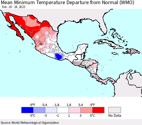 Mexico Central America and the Caribbean Mean Minimum Temperature Departure from Normal (WMO) Thematic Map For 12/18/2023 - 12/24/2023
