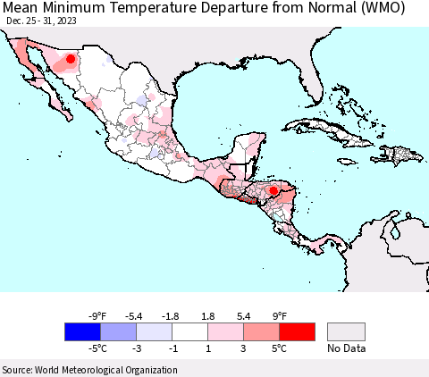 Mexico Central America and the Caribbean Mean Minimum Temperature Departure from Normal (WMO) Thematic Map For 12/25/2023 - 12/31/2023