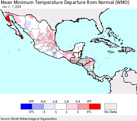 Mexico Central America and the Caribbean Mean Minimum Temperature Departure from Normal (WMO) Thematic Map For 1/1/2024 - 1/7/2024