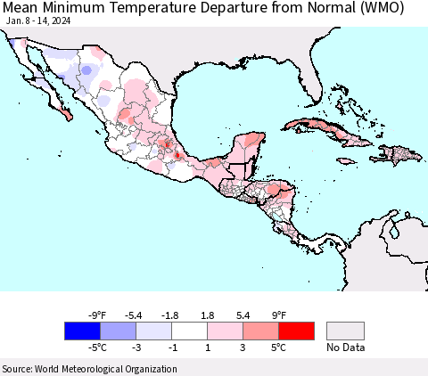 Mexico Central America and the Caribbean Mean Minimum Temperature Departure from Normal (WMO) Thematic Map For 1/8/2024 - 1/14/2024