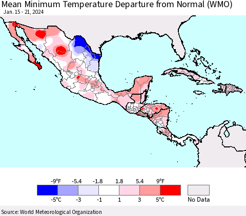 Mexico Central America and the Caribbean Mean Minimum Temperature Departure from Normal (WMO) Thematic Map For 1/15/2024 - 1/21/2024