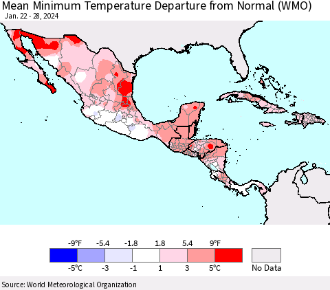 Mexico Central America and the Caribbean Mean Minimum Temperature Departure from Normal (WMO) Thematic Map For 1/22/2024 - 1/28/2024