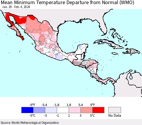 Mexico Central America and the Caribbean Mean Minimum Temperature Departure from Normal (WMO) Thematic Map For 1/29/2024 - 2/4/2024