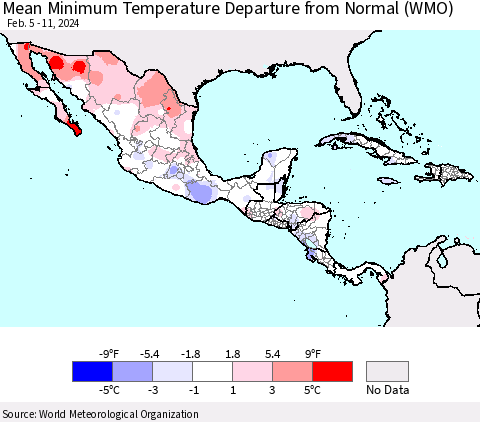 Mexico Central America and the Caribbean Mean Minimum Temperature Departure from Normal (WMO) Thematic Map For 2/5/2024 - 2/11/2024