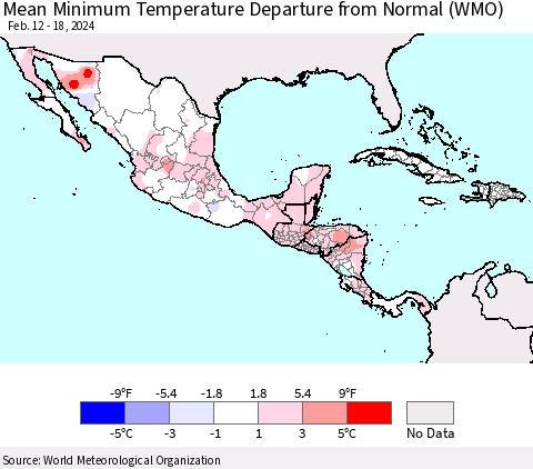 Mexico Central America and the Caribbean Mean Minimum Temperature Departure from Normal (WMO) Thematic Map For 2/12/2024 - 2/18/2024