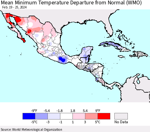 Mexico Central America and the Caribbean Mean Minimum Temperature Departure from Normal (WMO) Thematic Map For 2/19/2024 - 2/25/2024