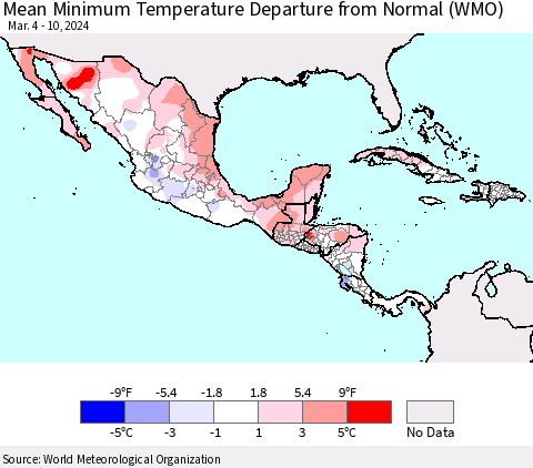 Mexico Central America and the Caribbean Mean Minimum Temperature Departure from Normal (WMO) Thematic Map For 3/4/2024 - 3/10/2024