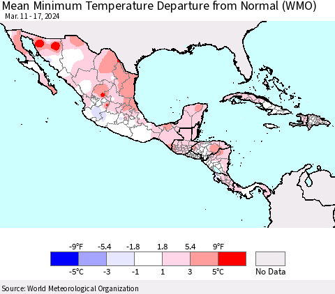 Mexico Central America and the Caribbean Mean Minimum Temperature Departure from Normal (WMO) Thematic Map For 3/11/2024 - 3/17/2024