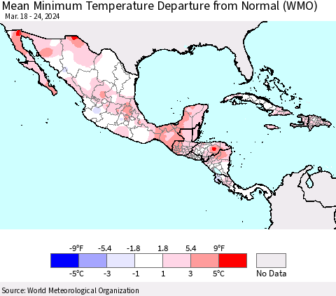 Mexico Central America and the Caribbean Mean Minimum Temperature Departure from Normal (WMO) Thematic Map For 3/18/2024 - 3/24/2024