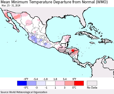 Mexico Central America and the Caribbean Mean Minimum Temperature Departure from Normal (WMO) Thematic Map For 3/25/2024 - 3/31/2024