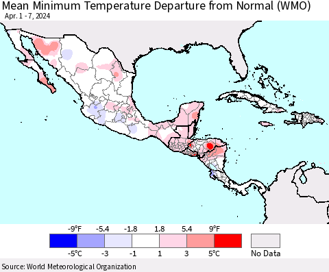 Mexico Central America and the Caribbean Mean Minimum Temperature Departure from Normal (WMO) Thematic Map For 4/1/2024 - 4/7/2024