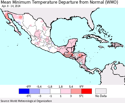 Mexico Central America and the Caribbean Mean Minimum Temperature Departure from Normal (WMO) Thematic Map For 4/8/2024 - 4/14/2024
