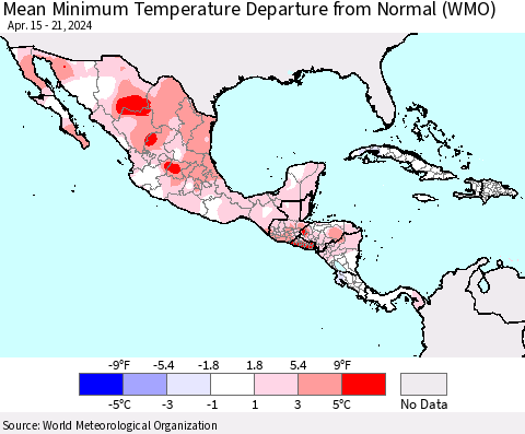 Mexico Central America and the Caribbean Mean Minimum Temperature Departure from Normal (WMO) Thematic Map For 4/15/2024 - 4/21/2024