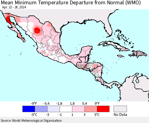Mexico Central America and the Caribbean Mean Minimum Temperature Departure from Normal (WMO) Thematic Map For 4/22/2024 - 4/28/2024
