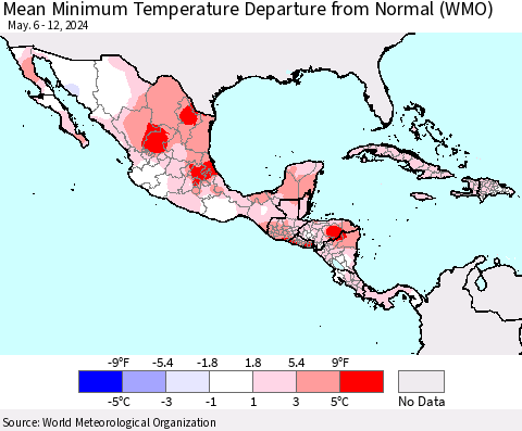 Mexico Central America and the Caribbean Mean Minimum Temperature Departure from Normal (WMO) Thematic Map For 5/6/2024 - 5/12/2024