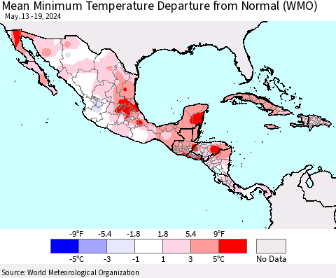 Mexico Central America and the Caribbean Mean Minimum Temperature Departure from Normal (WMO) Thematic Map For 5/13/2024 - 5/19/2024