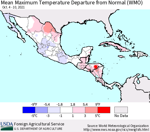 Mexico Central America and the Caribbean Mean Maximum Temperature Departure from Normal (WMO) Thematic Map For 10/4/2021 - 10/10/2021