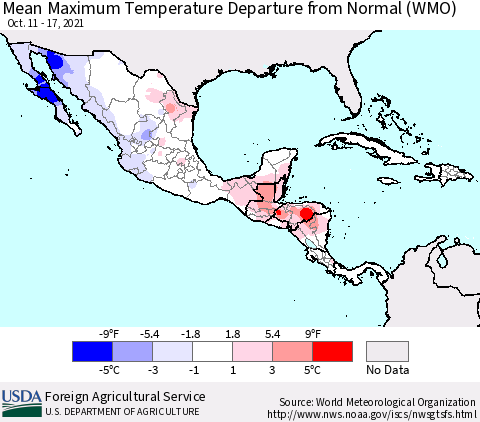 Mexico Central America and the Caribbean Mean Maximum Temperature Departure from Normal (WMO) Thematic Map For 10/11/2021 - 10/17/2021