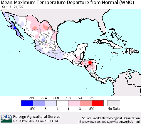 Mexico Central America and the Caribbean Mean Maximum Temperature Departure from Normal (WMO) Thematic Map For 10/18/2021 - 10/24/2021