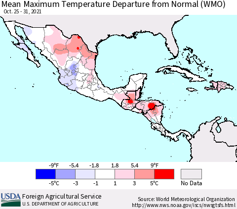 Mexico Central America and the Caribbean Mean Maximum Temperature Departure from Normal (WMO) Thematic Map For 10/25/2021 - 10/31/2021