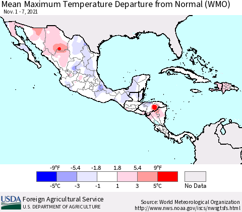 Mexico Central America and the Caribbean Mean Maximum Temperature Departure from Normal (WMO) Thematic Map For 11/1/2021 - 11/7/2021
