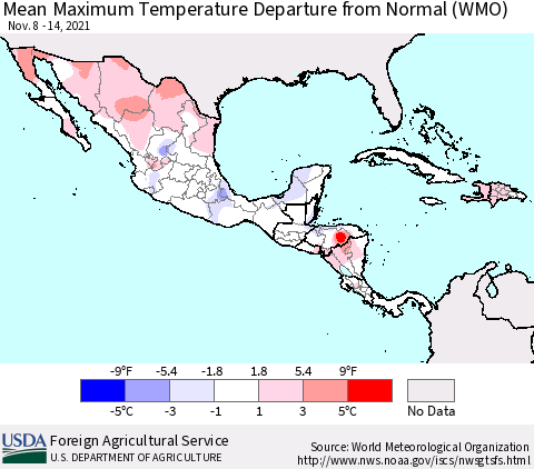 Mexico Central America and the Caribbean Mean Maximum Temperature Departure from Normal (WMO) Thematic Map For 11/8/2021 - 11/14/2021