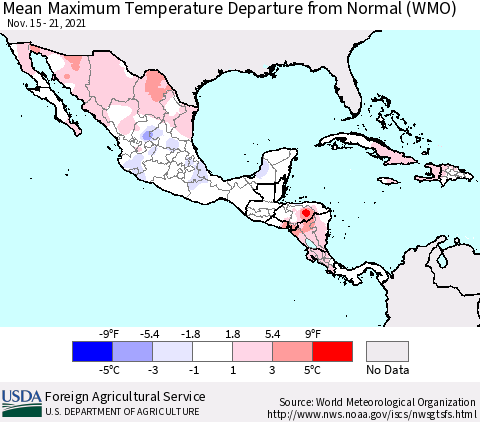 Mexico Central America and the Caribbean Mean Maximum Temperature Departure from Normal (WMO) Thematic Map For 11/15/2021 - 11/21/2021