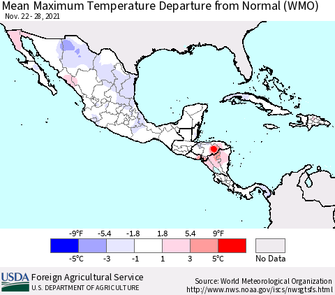 Mexico Central America and the Caribbean Mean Maximum Temperature Departure from Normal (WMO) Thematic Map For 11/22/2021 - 11/28/2021