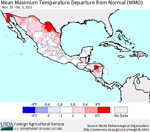 Mexico Central America and the Caribbean Mean Maximum Temperature Departure from Normal (WMO) Thematic Map For 11/29/2021 - 12/5/2021