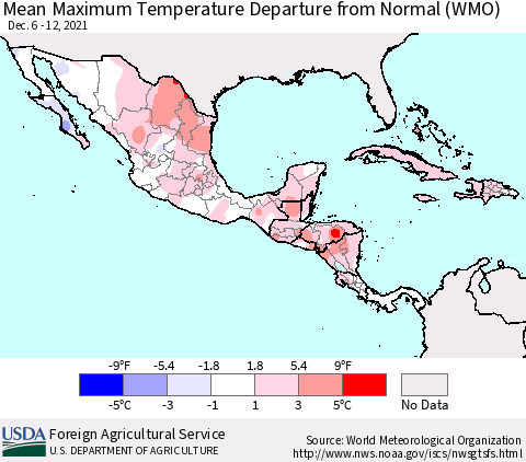 Mexico Central America and the Caribbean Mean Maximum Temperature Departure from Normal (WMO) Thematic Map For 12/6/2021 - 12/12/2021