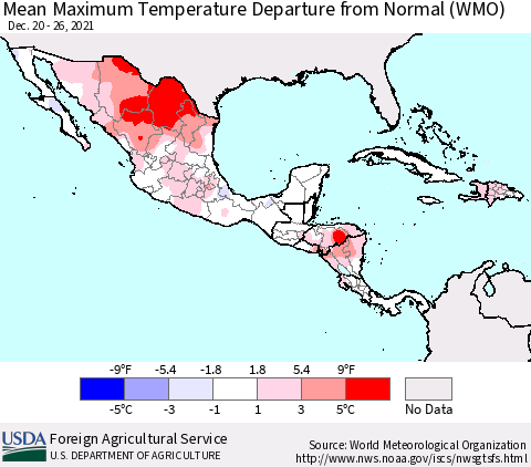 Mexico Central America and the Caribbean Mean Maximum Temperature Departure from Normal (WMO) Thematic Map For 12/20/2021 - 12/26/2021