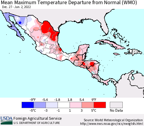 Mexico Central America and the Caribbean Mean Maximum Temperature Departure from Normal (WMO) Thematic Map For 12/27/2021 - 1/2/2022