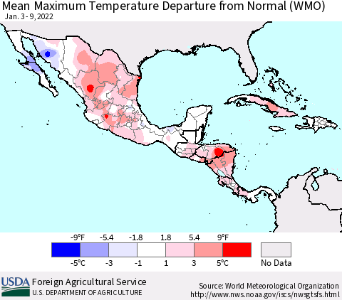 Mexico Central America and the Caribbean Mean Maximum Temperature Departure from Normal (WMO) Thematic Map For 1/3/2022 - 1/9/2022