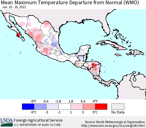 Mexico Central America and the Caribbean Mean Maximum Temperature Departure from Normal (WMO) Thematic Map For 1/10/2022 - 1/16/2022